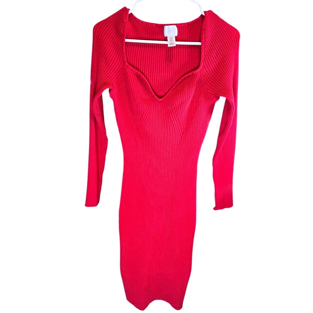 HM Red Ribbed Knit Bodycon Dress Sweetheart Neck Long Sleeve XL